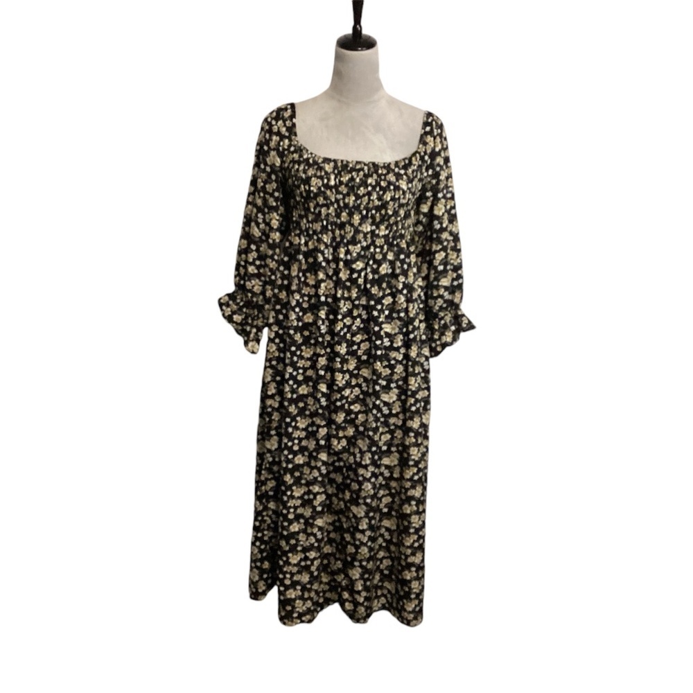 Midi Dress Dark Cottagecore Boho Prairie Womens Size L Ditzy Floral Peasant